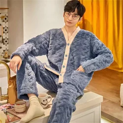 Pajama Sets Men Winter Coral Fleece Thick Warm Flannel Pyjamas 2-Piece Set Long Sleeve Nightwear Sleepwear Home Clothing