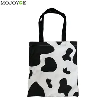 

Women Reusable Canvas Shoulder Bags Cow Print Female Classic Texture Creative Design Chic Casual Shopping Handbags