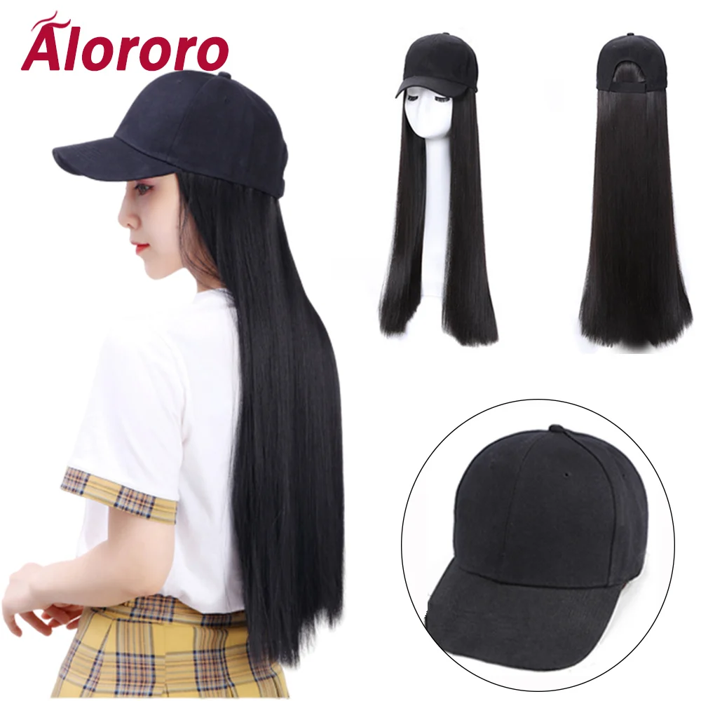 

Alororo Female Long Hair Fashion Duck Tongue Hat Wig All-in-one Lady Summer Net Black Brown Straight Long Natural Full Head Set