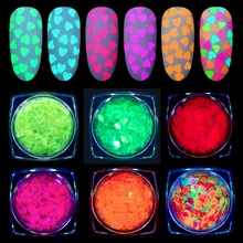 Флуоресцентные блестки для украшения ногтей 6 цветов в форме сердца блестящие маникюрные инструменты светится в темноте наклейки для ногтей УФ-гель