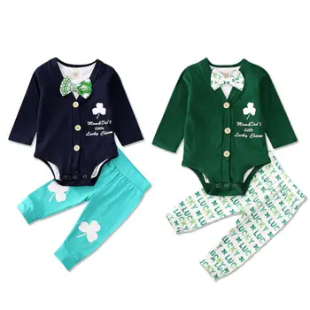 

Baby Boys Gentlemen Outfits Sets Long Sleeve Romper Tops Bodysuit Four-Leaf Clover Stripe Pants Boys Clothing Set Fashion Suit