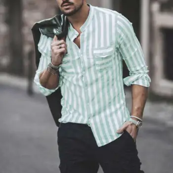 

Fashion Men Casual Long Sleeved Shirt Striped Pockets Stand Collar Long Sleeve Shirts Top Button Design Shirt