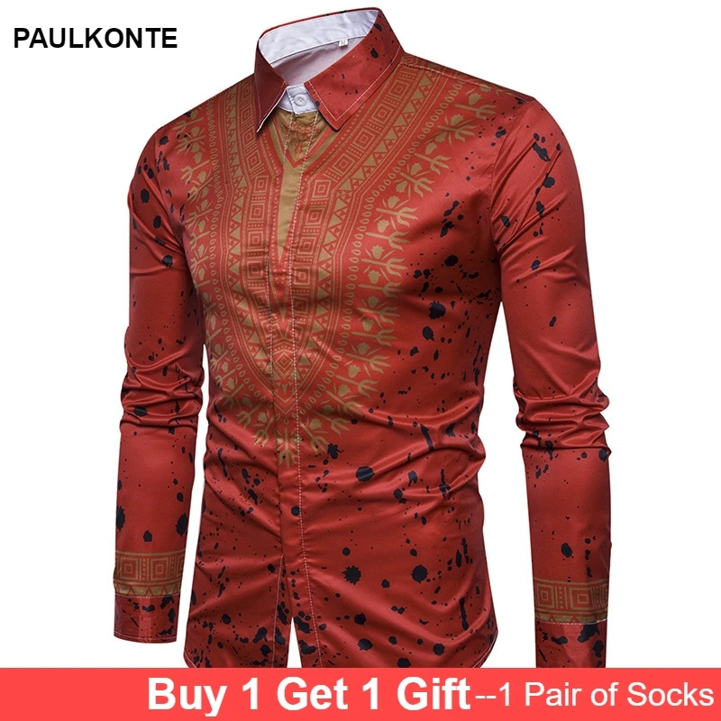 

2019 autumn and winter new fashion national style printing long-sleeved casual men's shirt cardigan lapel men's shirt