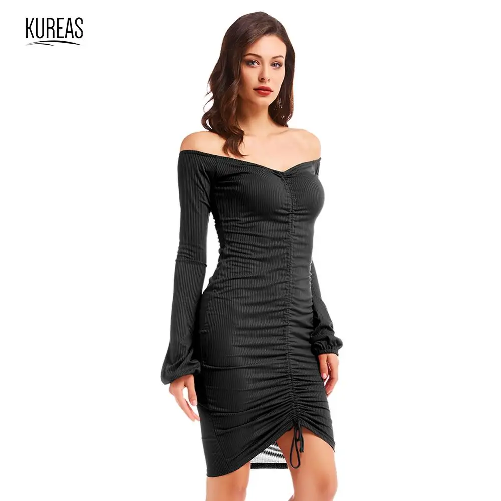 

Kureas Knitted Dress Autumn Winter Women Off Shoulder Draw String Short Dresses Bodycon Lantern Sleeve Mini Dress