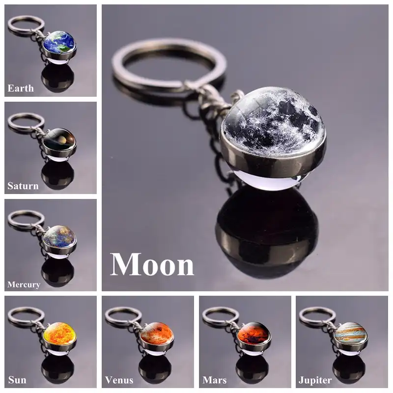 Sistema solar planeta keyring galáxia nebulosa espaço chaveiro lua terra sol marte arte imagem duplo lado bola de vidro chaveiro