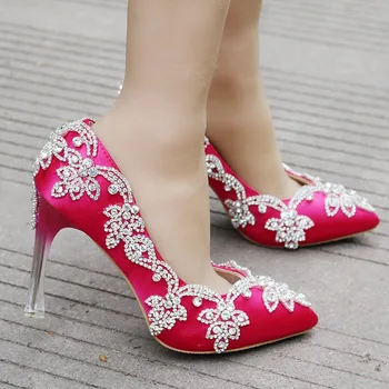 

Luxury rose pink red crystal party pumps shoes woman ladies super high thin heels stiletto bridal wedding pointed pumps shoe