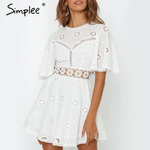 Женское белое вышитое летнее платье Simplee, хлопковые льняные короткие ажурные платья для отдыха с открытой спиной и круглым вырезом