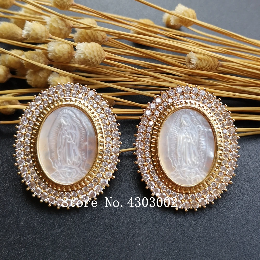 

10pcs/lot 28x33mm Natural AAA CZ Virgin of Guadalupe Mother of Pearl Shell Pendant Oval Madonna Pearl Shell MOP Charms