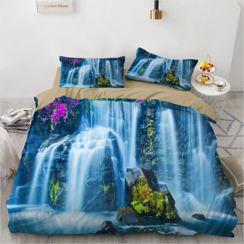 

Natural Scenery Pattern Bed linens 3D Landscape Forest Waterfall Print Queen Bedding Duvet Cover Set Bedspreads With Pillowcase