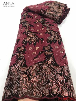 

Anna burgundy soft african sequins lace fabric 2020 high quality embroidery nigerian french coarse mesh lace fabrics 5 yards/pcs