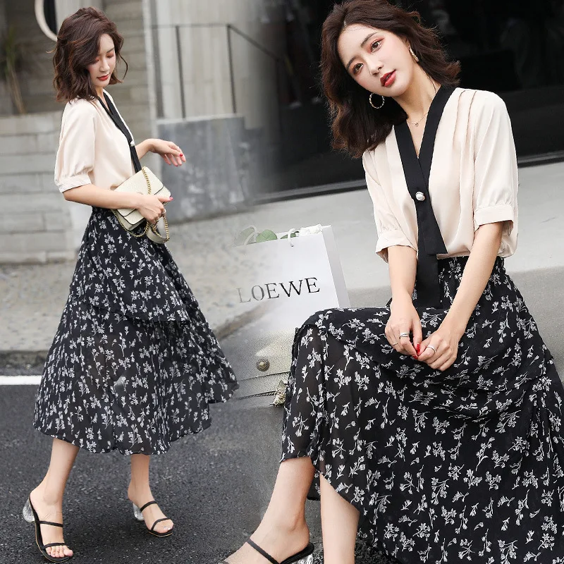

Summer France Non-mainstream Very Fairy Shirt Skirt WOMEN'S Suit Western Style Slimming Elegant Floral Dress Two-Piece Set Fashi