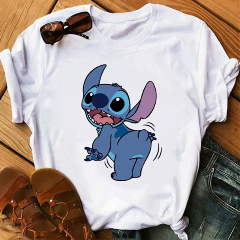 Disney Lio Stitch T-shirts Women Summer Kawaii Cartoon Tops Plus Size Harajuku Female T-shirts Fashion Lady Casual White T-shirt