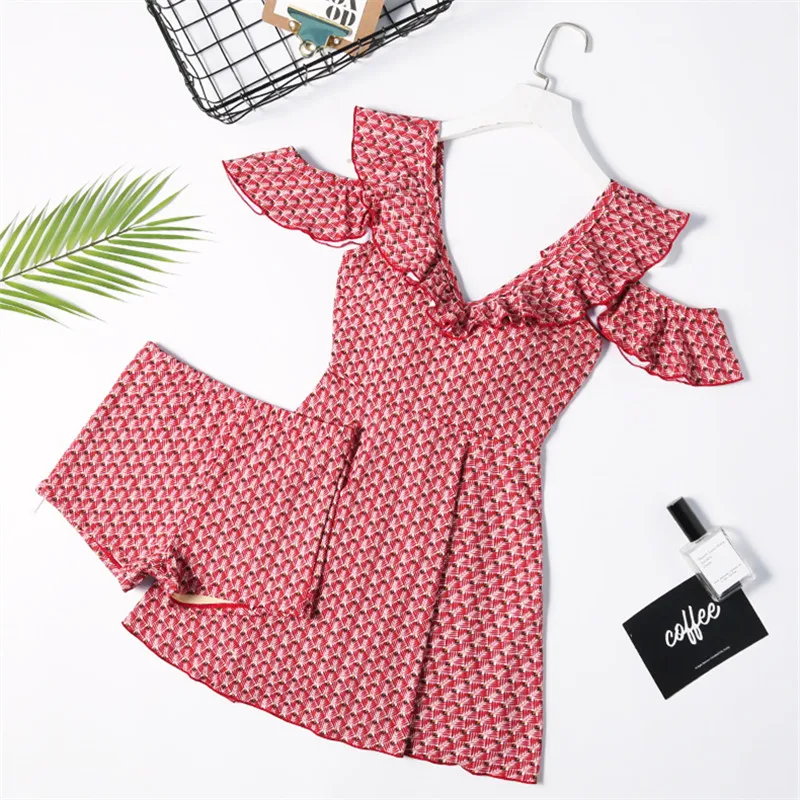 

Swimwear Women Sexy Off The Shoulder Geometric Print Swimsuit Halter Ruffles Bathing Suit 2 Piece Tankini + Men's Swimming Pants