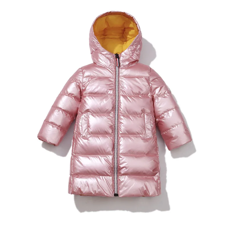 Модное блестящее зимнее длинное Детское пальто на утином пуху пуховая куртка для маленьких мальчиков и девочек теплая детская одежда на рост 90-150 см - Цвет: Розовый