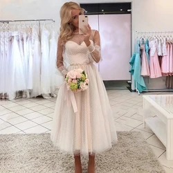 Pukguro Short Wedding Dress Point Long Sleeves Simple Womens Formal Party Dress Tulle Bridal Gowns Robe De Soiree Custom