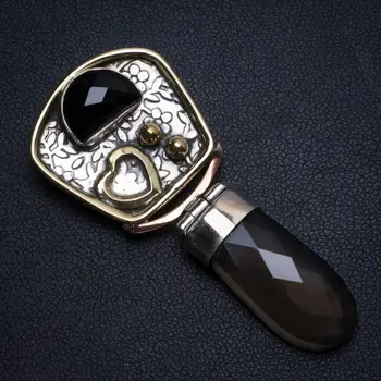 

Natural Two Tones Smoky Quartz and Black Onyx Mexican 925 Sterling Silver Pendant 2" T0061