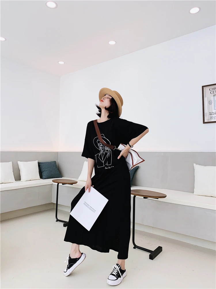Fashion Cartoon Print Plus Size Summer Dress Cotton Casual O-Neck T-shirt Batwing Sleeve Women Dress Tops Vestidos De Fiesta - Цвет: Черный