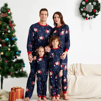 

Adult Kid Santa Print Long Sleeve Blouse Pants Pajamas Family Xmas Sleepwear Set