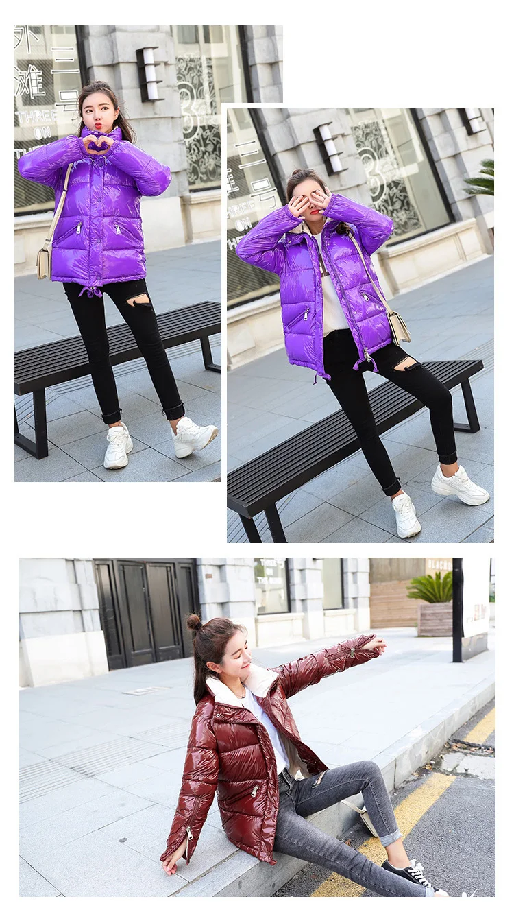 NIJIUDING 2018 New Fashion Metal Solid Black Red Bright Jackets Coats Women's Winter Warm Down Cotton Padded Long Parkas Outwear (5)