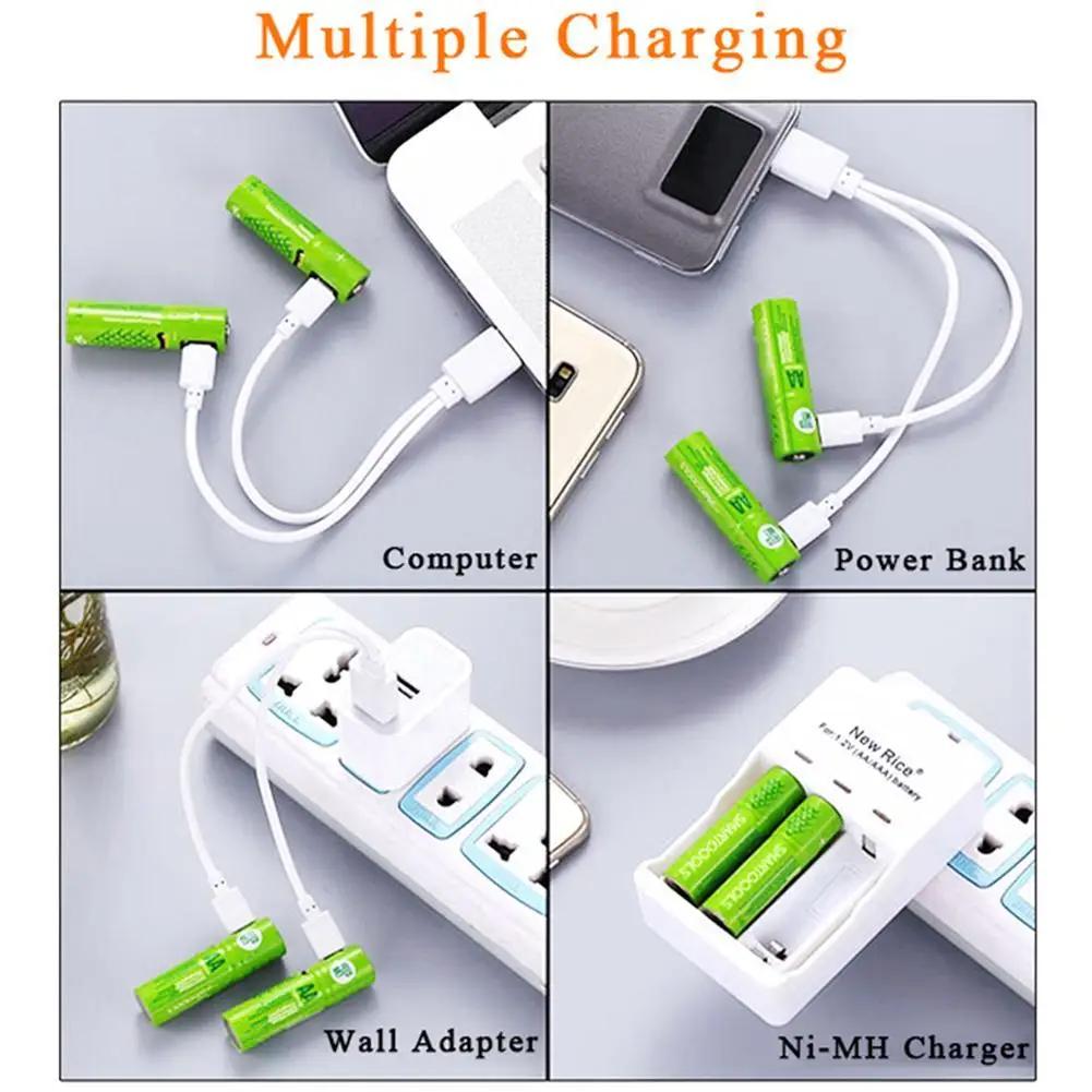 2 шт 1,2 V 1000mAh микро-USB перезаряжаемая AA батарея NiMH с кабелями Новинка