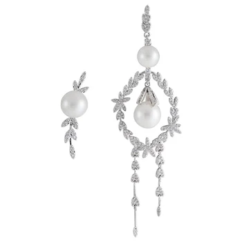 

S925 Needle Freshwater Pearl Asymmetry Water Drop Dangle Earring Wheat Ears Leaf Tassel Earring Women Wedding Jewelry