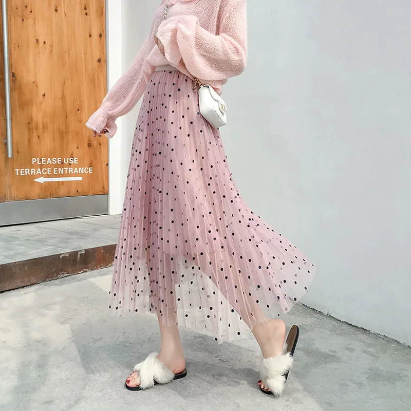 

Polka Dot Pleated Skirt Mesh Dress Women's Spring And Summer 2020 New Style Korean-style Mid-length Gauze Skirt
