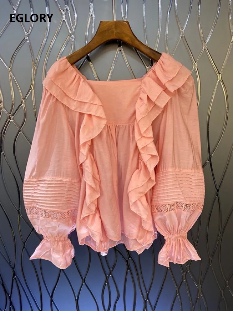 Женская блузка с длинным рукавом белая или розовая из 100% хлопка квадратным