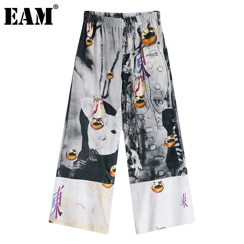 Wide Leg-Trousers Fit-Pants Printed Women Fashion EAM Loose High-Elastic Tide Autumn