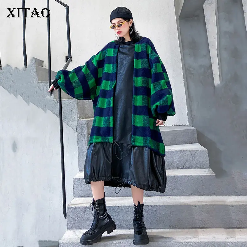 XITAO шерстяное женское платье из искусственной кожи с вышивкой, зеленые платья в клетку размера плюс, свободная осенне-зимняя одежда, женская уличная одежда, тренд dmy2020