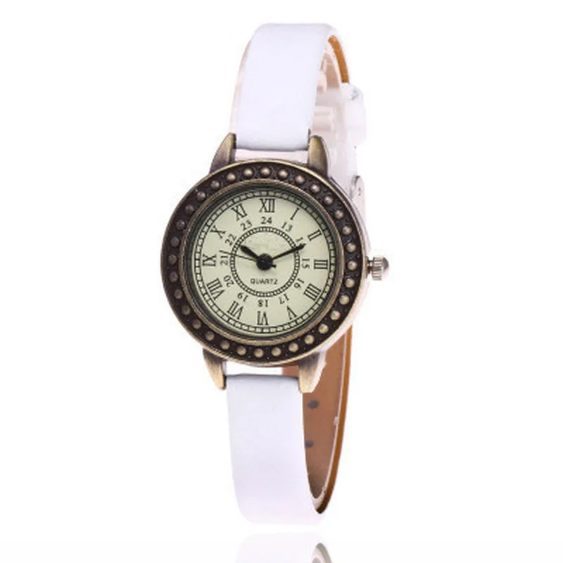 Женские дизайнерские винтажные кожаные женские часы-браслет коричневые ретро римские Кварцевые женские часы модные маленькие женские наручные часы - Цвет: Белый