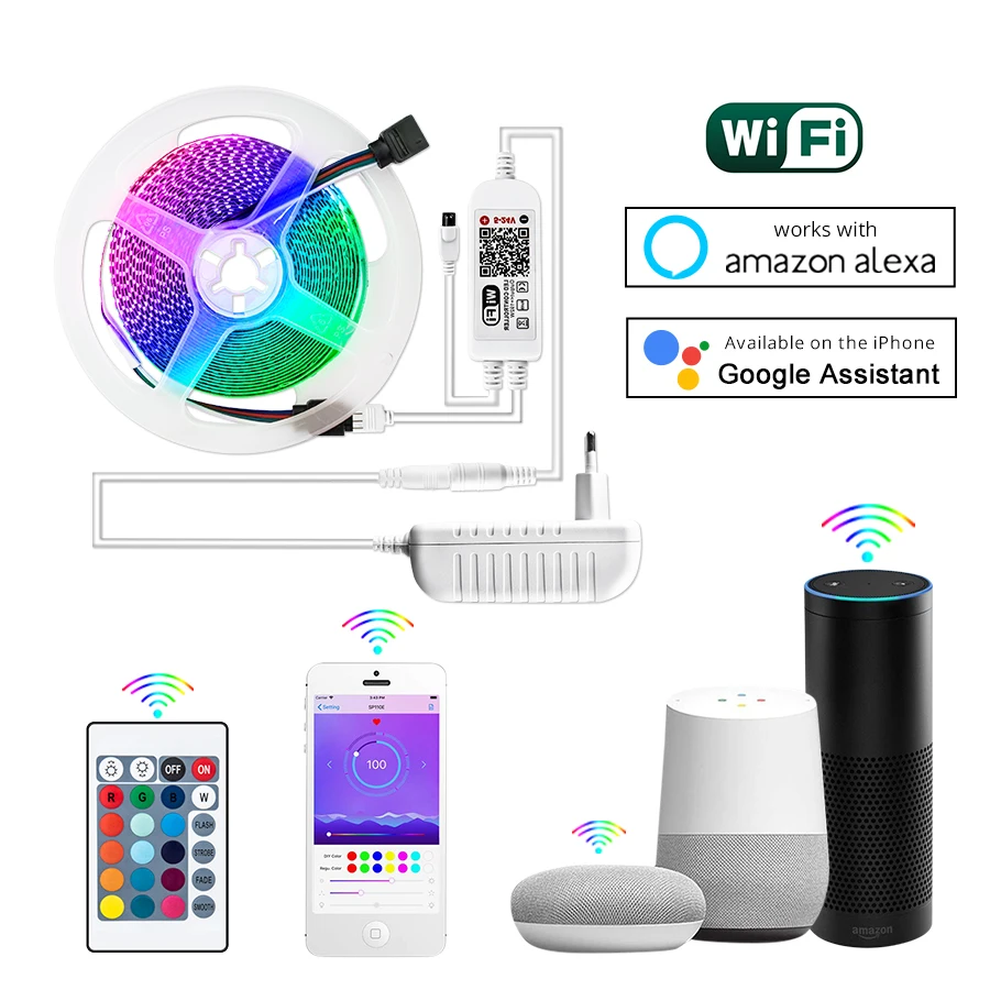 Wi-Fi, Светодиодные ленты светильник RGB ленты неоновая лента RGBW с входным напряжением 12V 24V SMD 2835 гибкий умный светильник лента работает с Amazon Alexa и Google Home