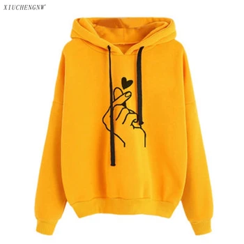 

Women Hoodie Sweatshirt Cotton Long Sleeves Print Patterns Yellow Love Pullovers Tops O-neck Women Hooded Crop Top Girls Hoodie