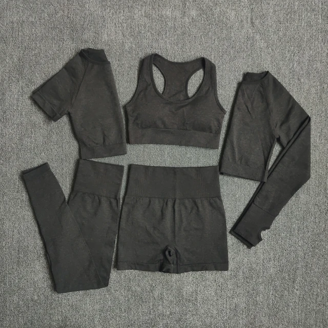 2/3/5PCS Seamless Women Yoga Set Workout Sportswear Gym Clothing Fitness Long Sleeve Crop Top High Waist Leggings Sports Suits 5PCSBlack