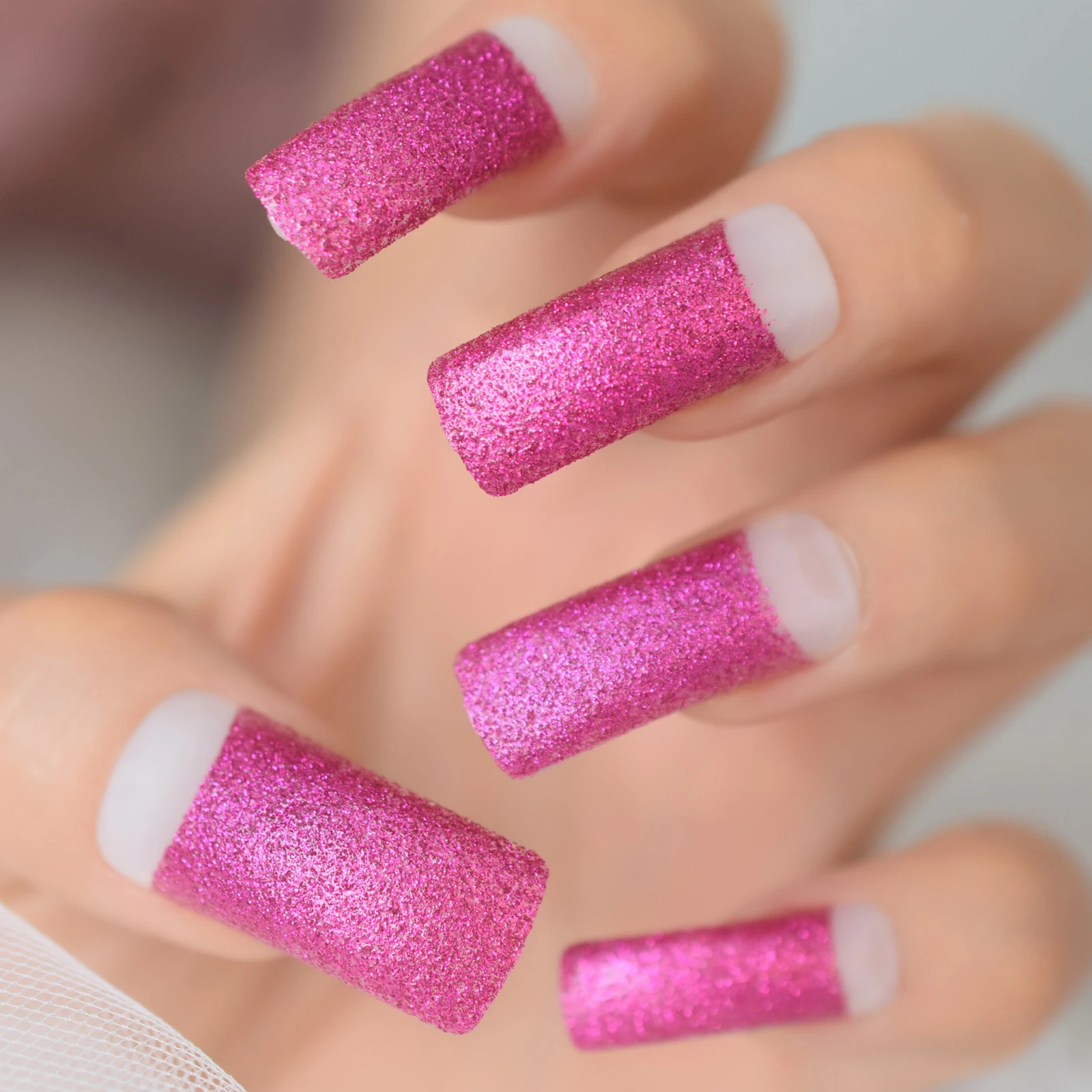 Hot Pink Glitter Press On Fake Nails Long Square Top Half Cover Acrylic False Extention Nails For Women And Girls 24pcs False Nails Aliexpress