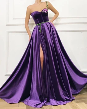 

One-shoulder Muslim Evening Dresses 2019 A-line Velvet Appliques Slit Islamic Dubai Saudi Arabia Long Formal Evening Gown Prom
