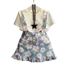 Одежда для девочек, костюмы для детей 2, 3, 4, 5, 6, 7, 8 лет, хлопковая футболка, платье на бретелях с цветочным принтом, комплект одежды для детей, костюм для малышей