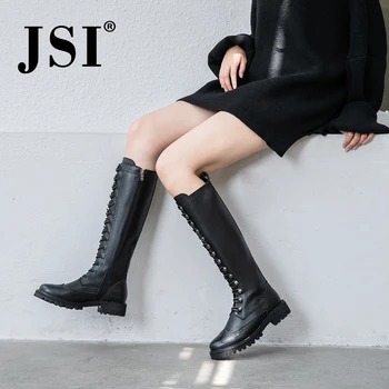 

JSI Winter Women Boots Knee-High Round Toe Zip Ladies Shoes Genuine Leather Square Heel High Heel Zipper Solid Women Boots jo307
