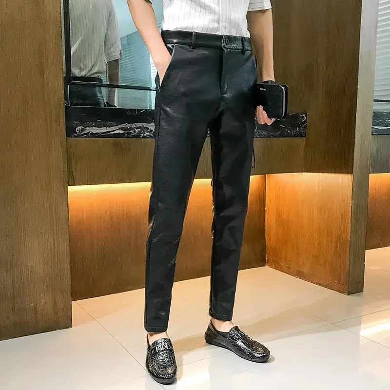 Одноцветная ПУ кожа мужские s Slim Fit платье брюки уличная Длина по щиколотку модные брюки в деловом стиле формальный дизайн мужские обтягивающие брюки - Цвет: Black PU Pants