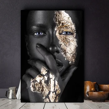 

African Art Black and Gold Woman Painting on Canvas Posters and Prints Scandinavian Wall Art Picture for Living Room