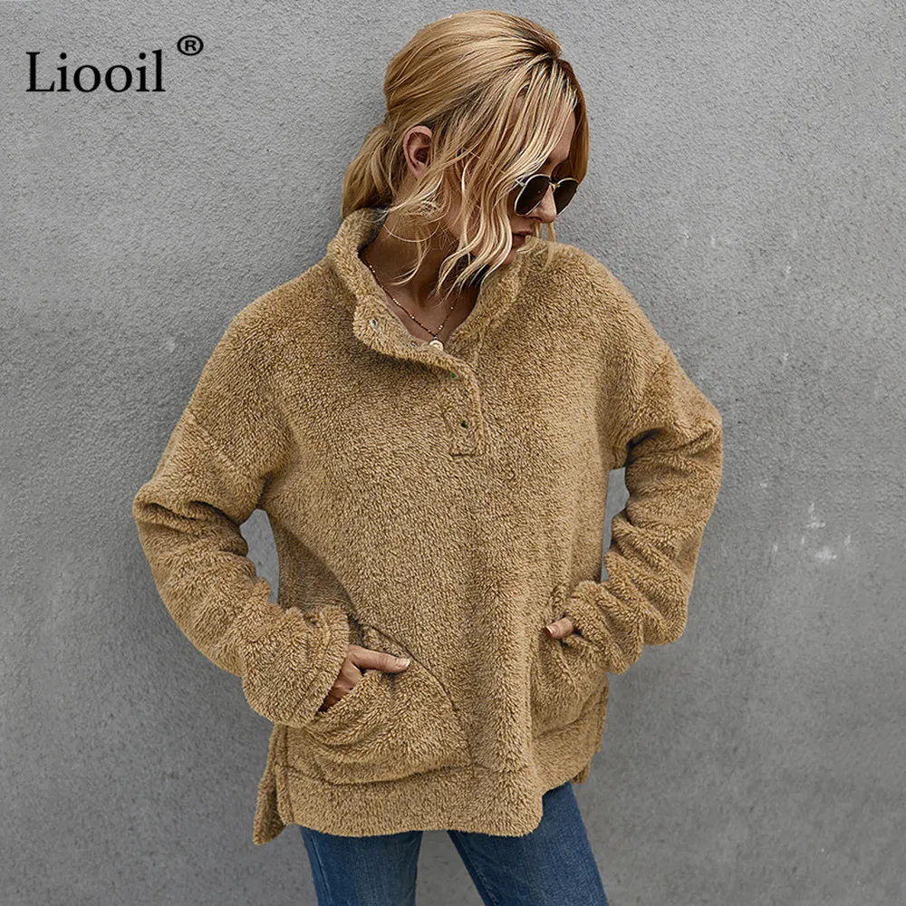 

Liooil Casual Fleece Autumn Winter Sweatshirt Women 2020 Turn-down Collar With Button Pockets Slit Female Solid Warm Pullovers