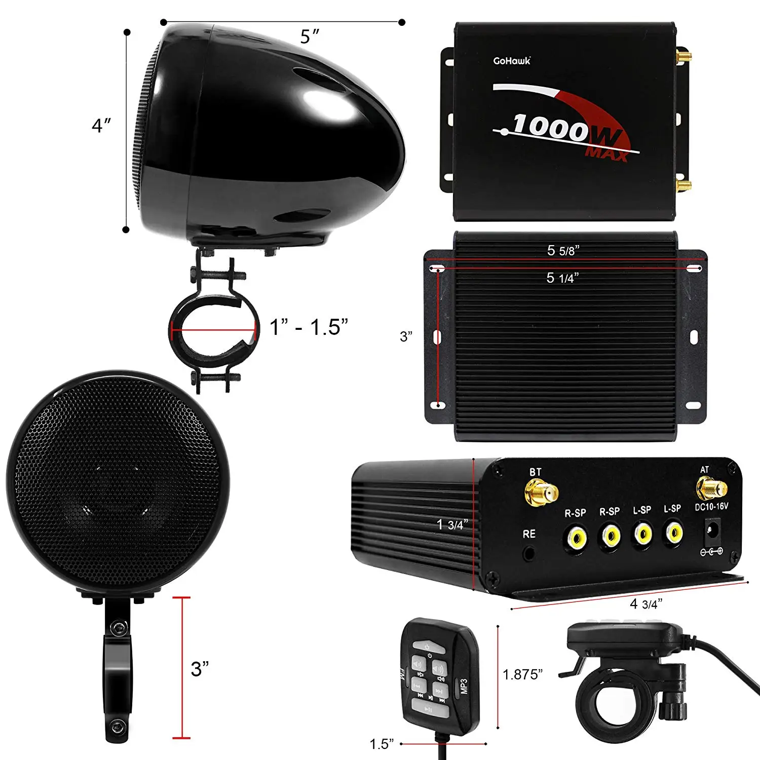 1000W Amplifier M1000 Bluetooth Motorcycle Stereo 4 Speakers MP3 Audio FM Radio System for Motorcycles/ATV/UTV/Boat