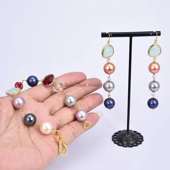 

GG Jewelry 8'' Multi Color Sea Shell Pearl Crystal Bracelet Earrings Set