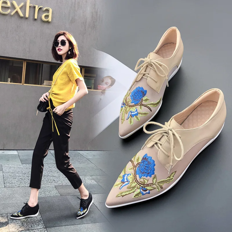 

2019 New Style Genuine Leather Pointed-Toe Semi-high Heeled Elevator Shoes Women's Spring Casual Embroidery Lace-up Thick Bottom