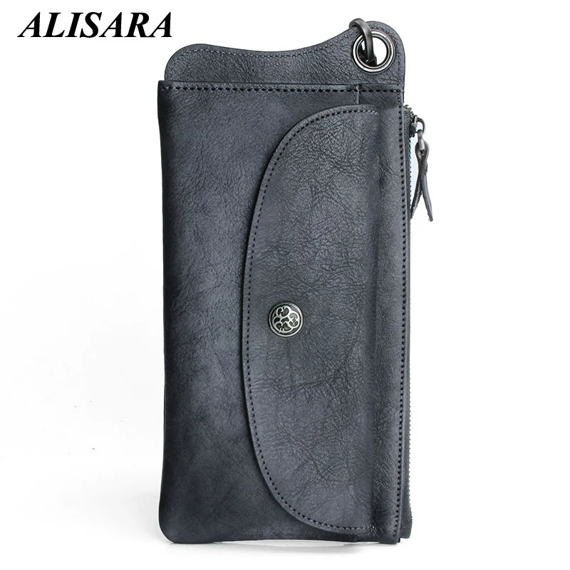 Alisara, мужские длинные кошельки, натуральная кожа, Ретро стиль, многофункциональный, мужской клатч, кошелек для телефона, Воловья кожа, чехол для карт, кошельки ручной работы