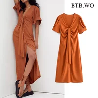 BTB.WO Za New Summer Dress 2021 Fashion Elegant Short Sleeve Casual Dresses Female Chic Split Slim Vintage Casual Vestidos