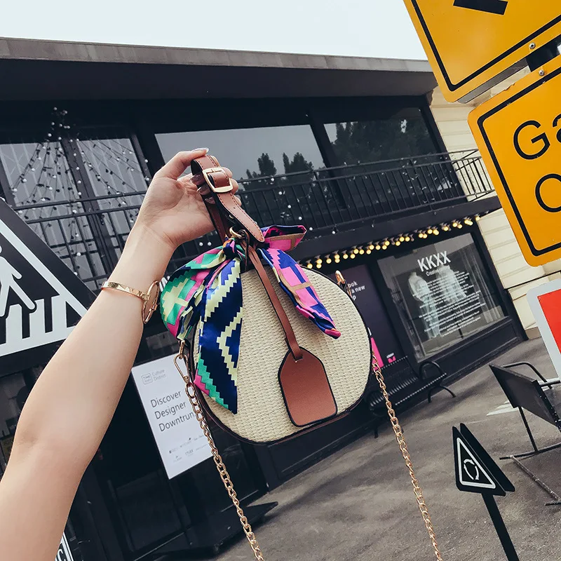 

2019 New Style Sweet Beach Weaving Series Fruit Five-color Ribbon Handbags Decoration Chain round Bag