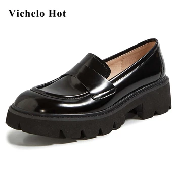 

Vichelo Hot full grain leather round toe med heel deep mouth slip on shoes women preppy style young lady daily wear pumps L09