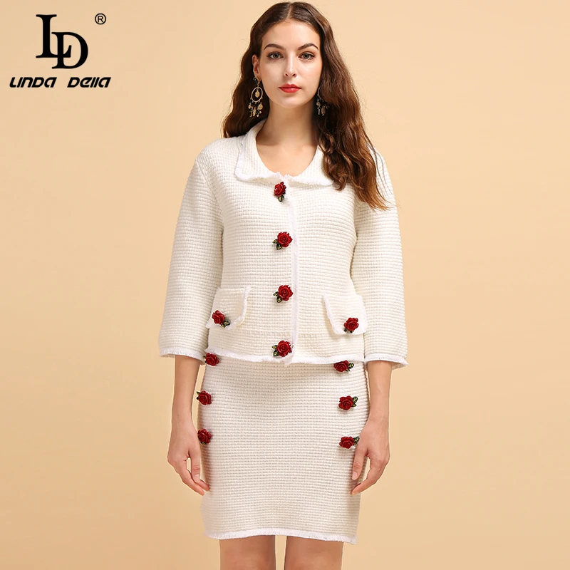 

LD LINDA DELLA Fashion Runway Autumn Winter Knitting Suit Women's 3/4 Sleeve White Coats And Casual Elastic Skirt Two Pieces Set