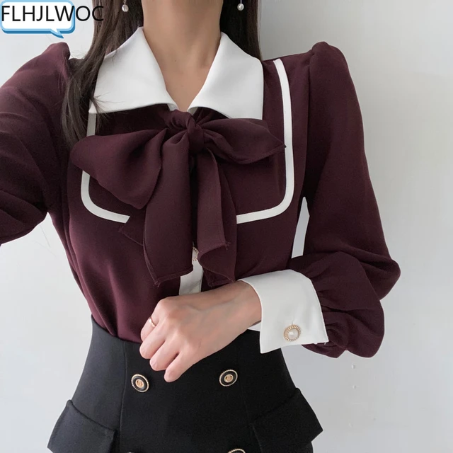 Women's Cute Bow Tie Tops Preppy Style Vintage Japan Korea Design Single  Breasted Button Elegant Formal Red Black Shirts Blouses