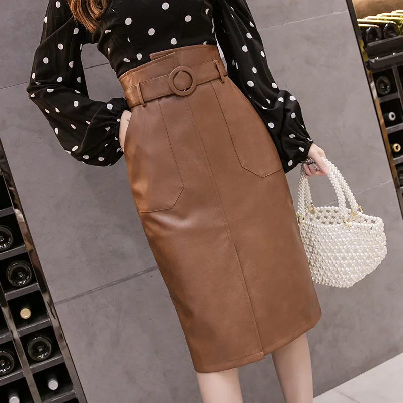

2019 Autumn And Winter New Style High-waisted Slimming Sheath Slit PU Leather One-step Skirt Skirt Belt Included